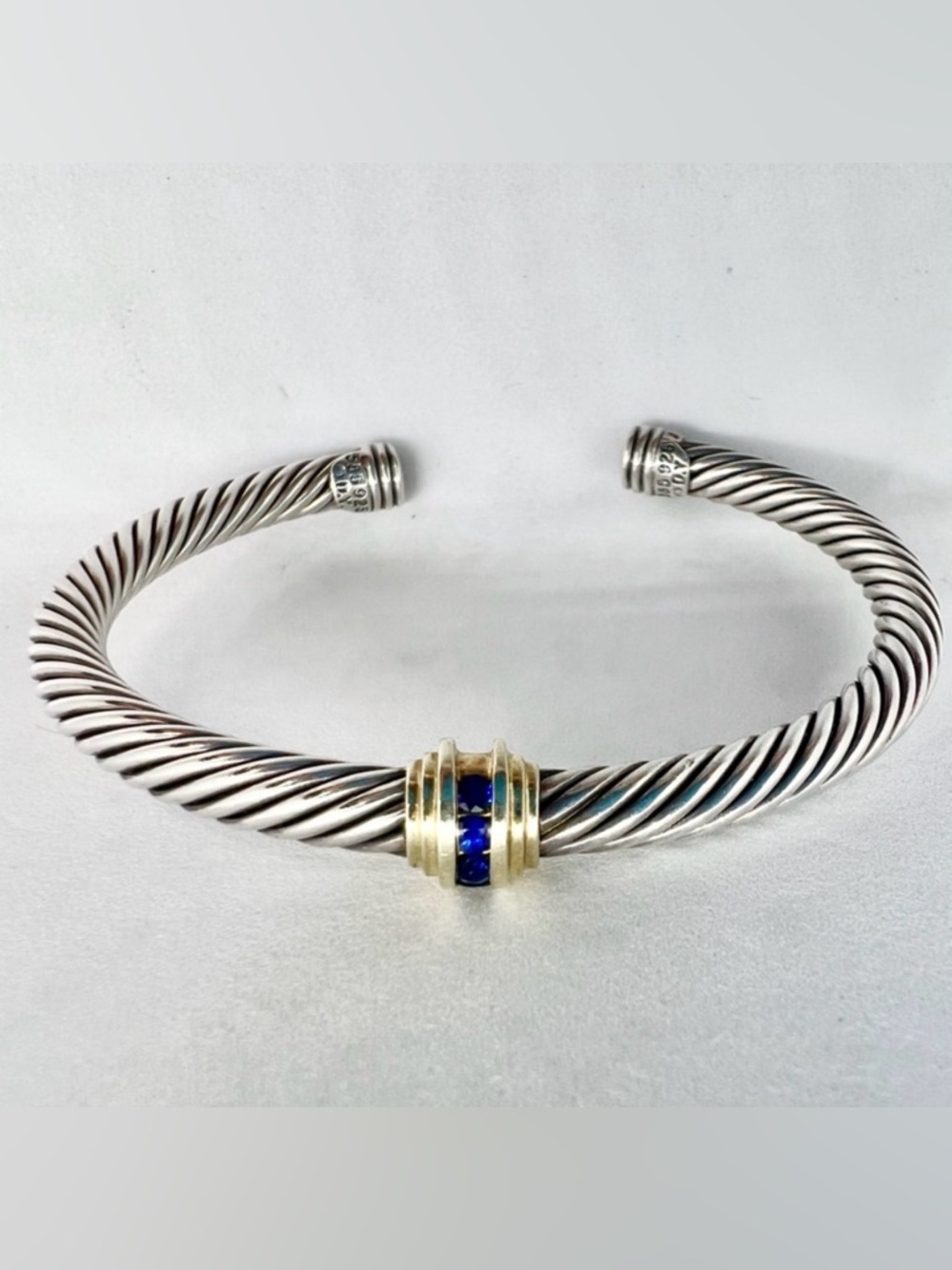 AUTHENTIC 🩶💙DAVID YURMAN🩶💙5mm Blue Sapphire 14k Gold Silver Cable Cuff Bracelet
